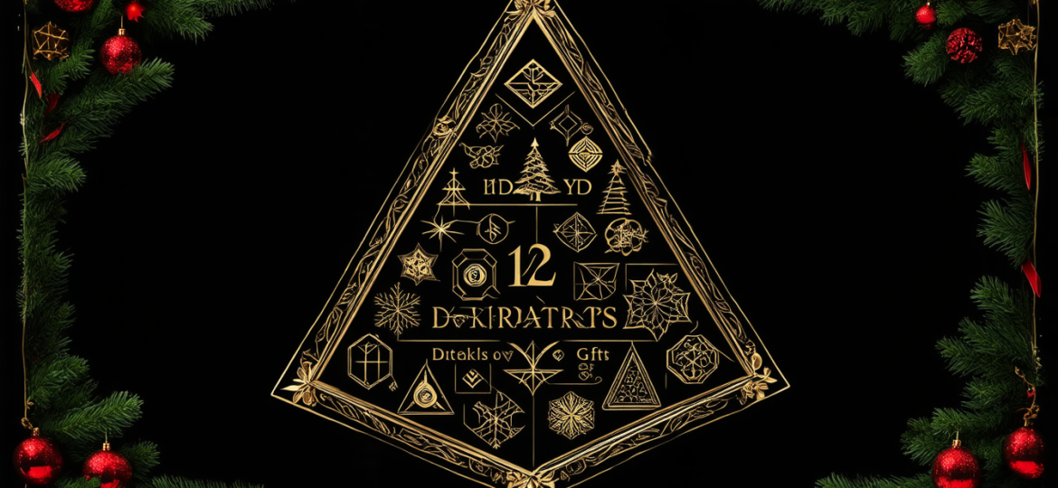 A dark and mysterious visual representation combining The 12 Days of Christmas gifts with occult symbolism, set in a tetrahedral shape_